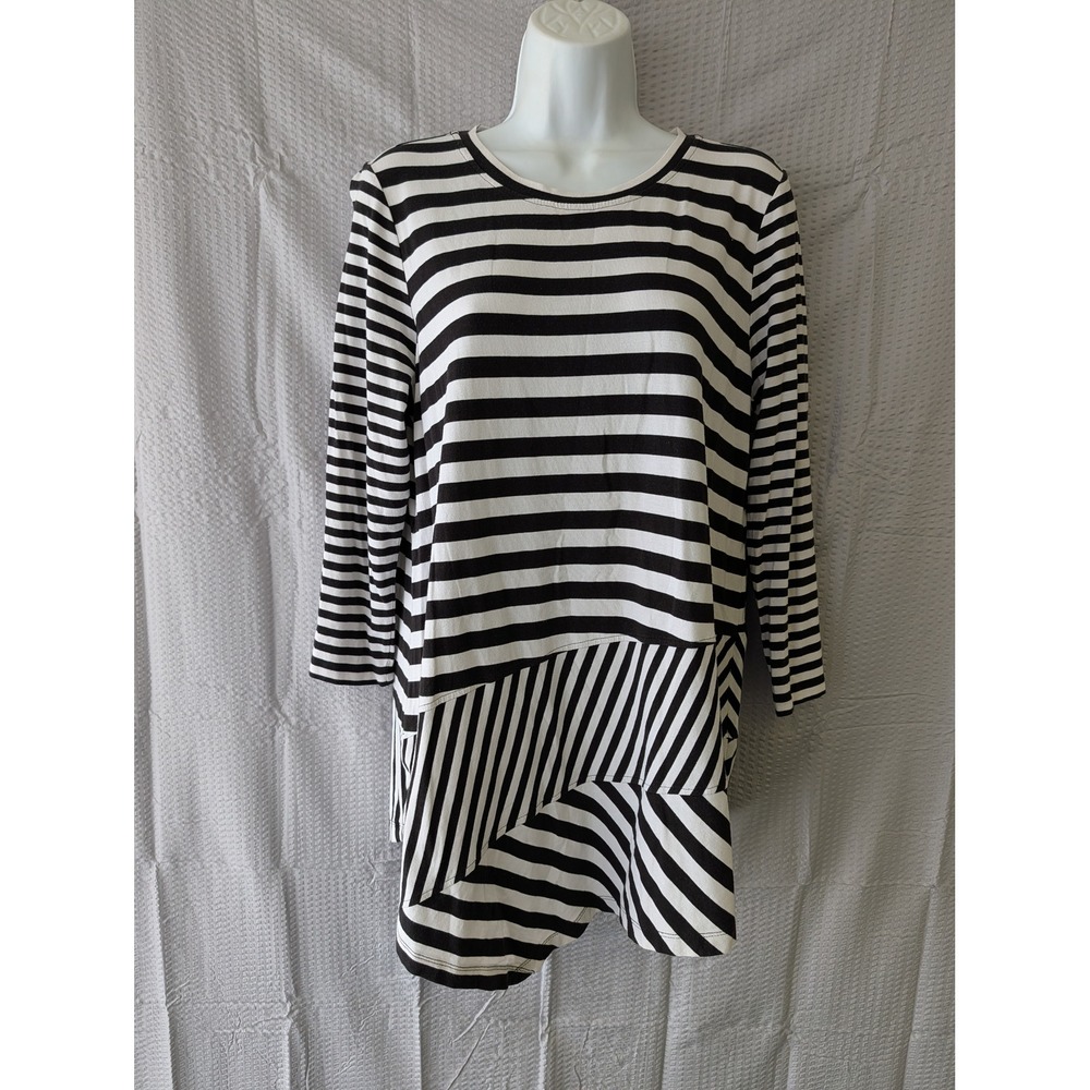 Westbound Womens Large Black White Striped Asymmetrical Tunic Top 3/4 Sleeve